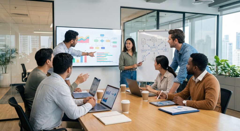 Equipe SEO planifiant une strategie de referencement pour une entreprise bordelaise