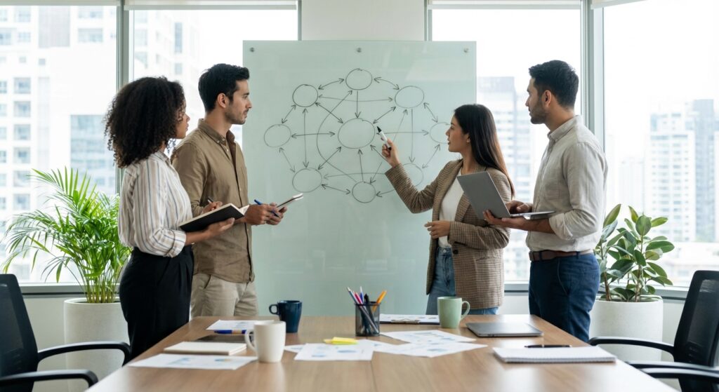 Equipe marketing planifiant une strategie de backlinks sur tableau blanc