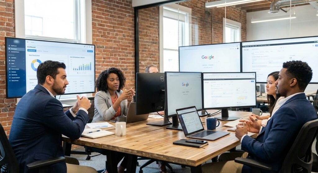 Equipe de referencement optimisant un site pour Google