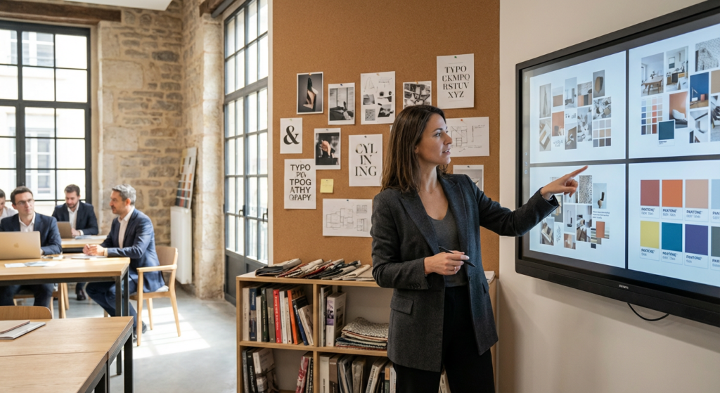 Directeur artistique analysant des moodboards et palettes de couleurs en agence creative a Lyon