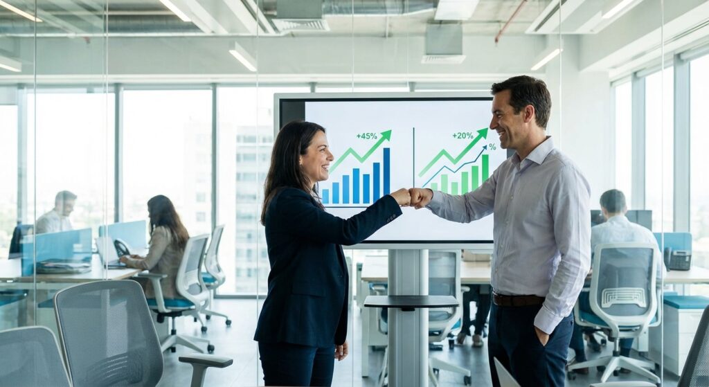 Duo célèbre résultats SEO +45 % devant écran graphiques, agence SEO Rankit dans le Rhône