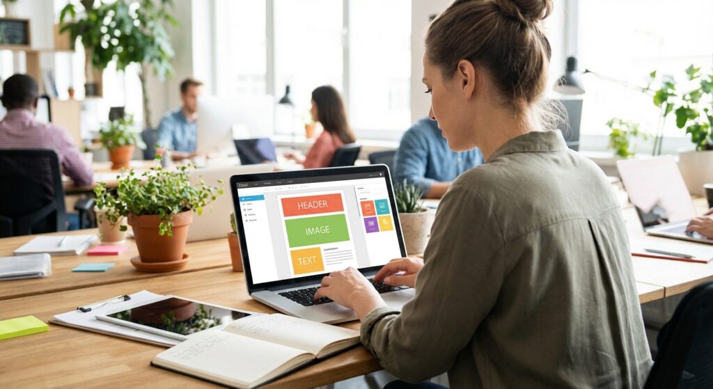 Marketeur créant un template de newsletter professionnelle pour campagne emailing