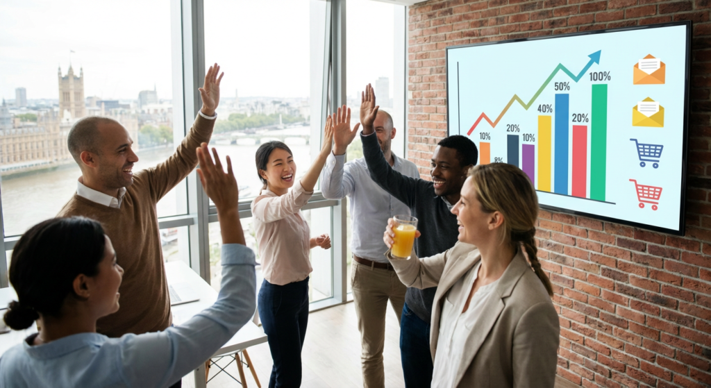 Équipe analysant les résultats ROI d’une campagne emailing professionnelle