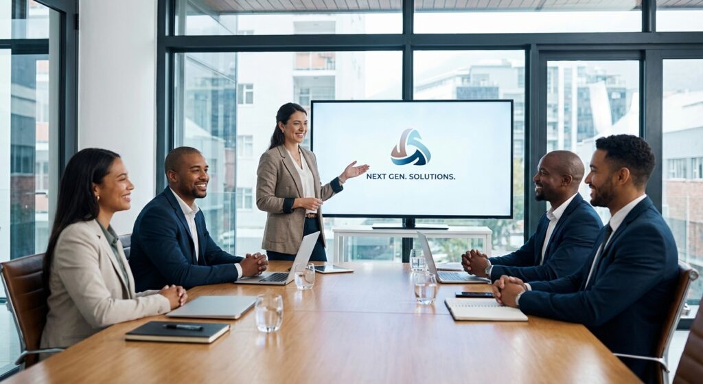 Entrepreneur présentant sa nouvelle image de marque à ses clients