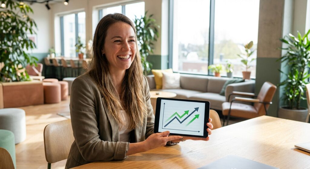 Entrepreneur satisfait des résultats du référencement de son site internet