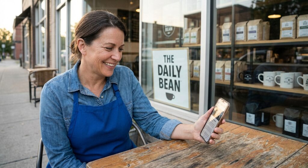 Entrepreneur satisfait lisant les avis positifs sur sa fiche Google Business Profile