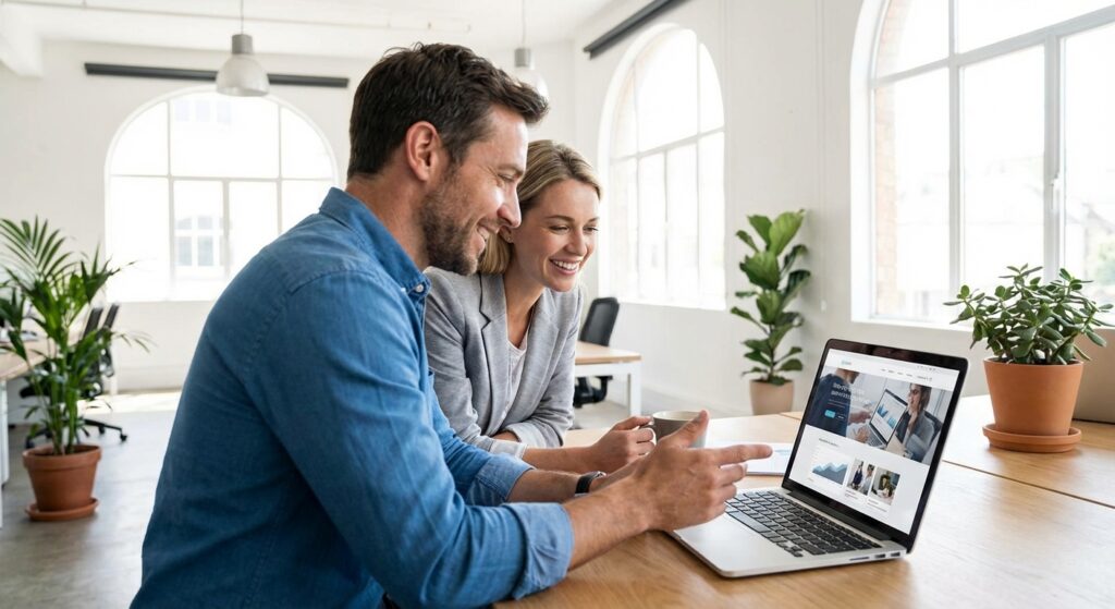 Entrepreneur satisfait présentant son site internet professionnel sur ordinateur