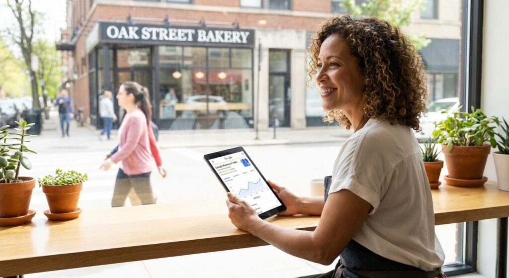 Entrepreneur vérifiant son profil Google Business sur tablette