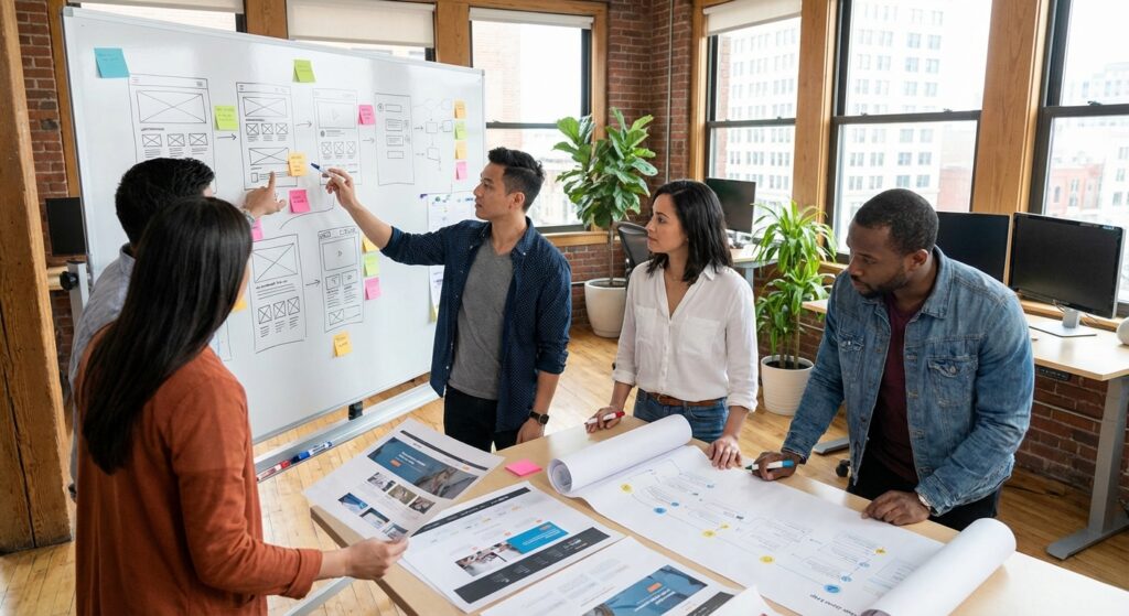 Équipe brainstorm wireframes au tableau blanc, processus stratégie SEO Rankit sur la Métropole de Lyon