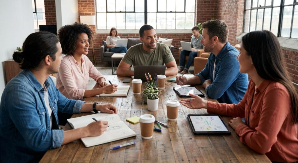 Equipe creative en brainstorming pour definir une strategie de contenu