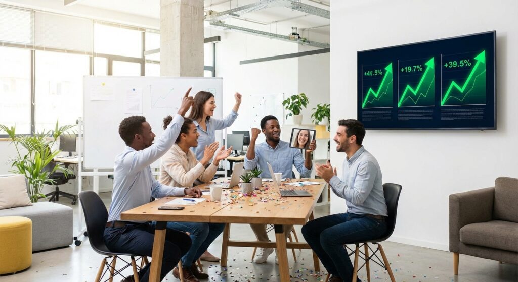 Équipe célébrant l'amélioration du taux de conversion d'un site internet