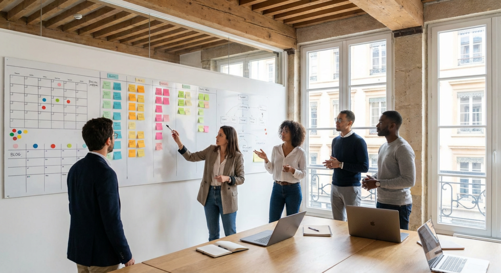 Équipe content marketing Rankit planifiant un calendrier éditorial à Lyon