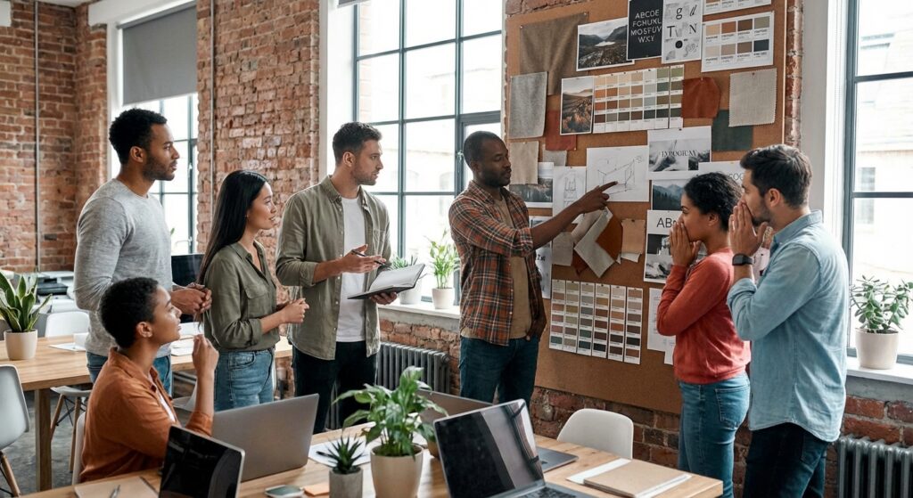 Équipe créative travaillant sur un projet d'image de marque en agence