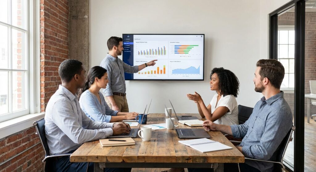 Équipe de consultants SEO en réunion stratégique sur le suivi des positions