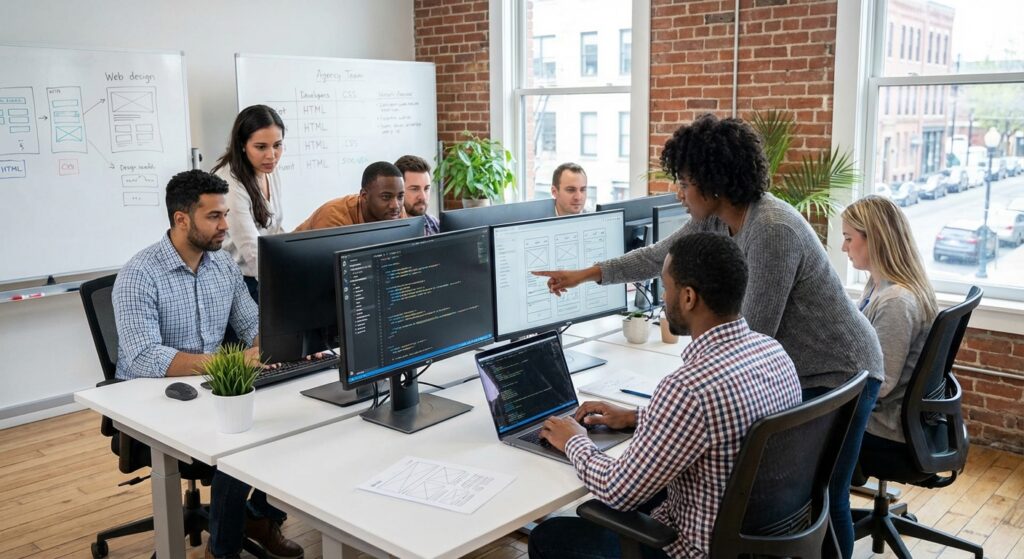 Équipe de développement web collaborant sur un projet de site professionnel