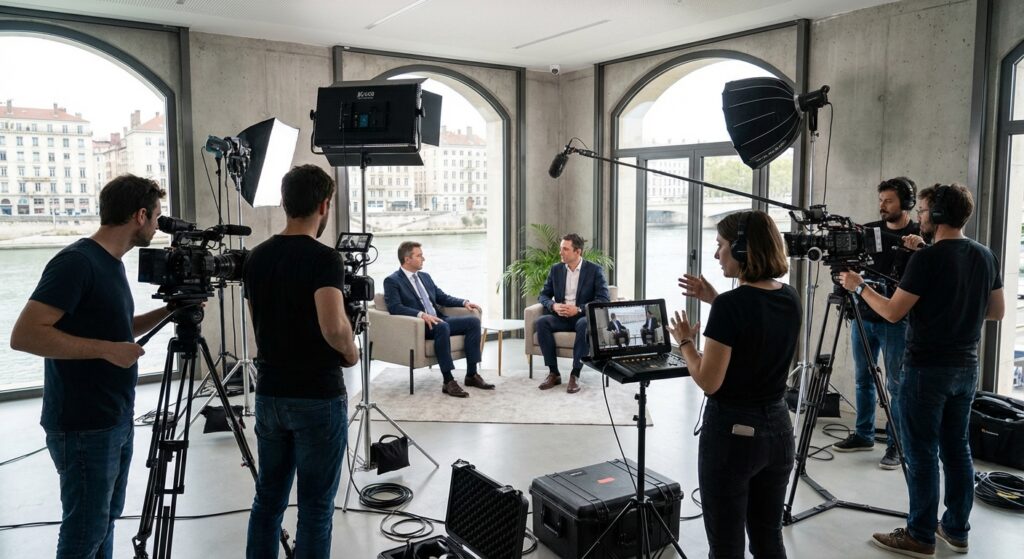 Equipe de production video professionnelle filmant une interview corporate en studio a Lyon