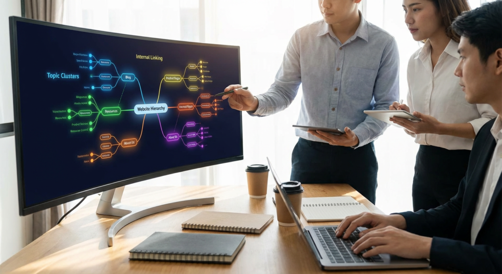 Équipe marketing digital analysant la hiérarchie de contenu et les clusters thématiques