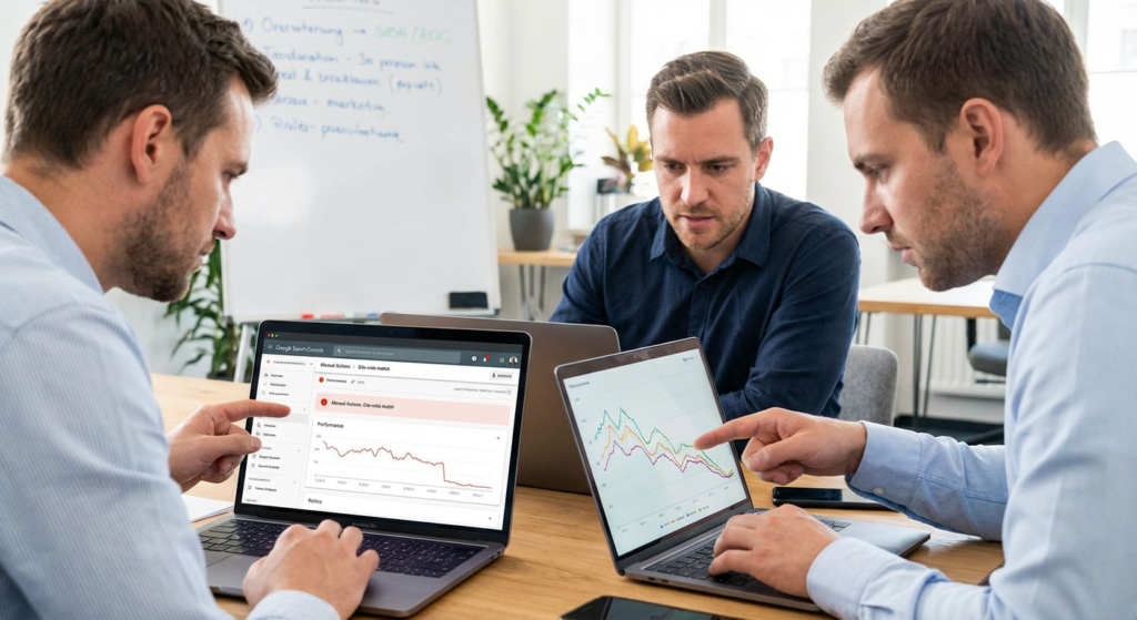 Équipe marketing digital diagnostiquant un problème de pénalité sur un site web