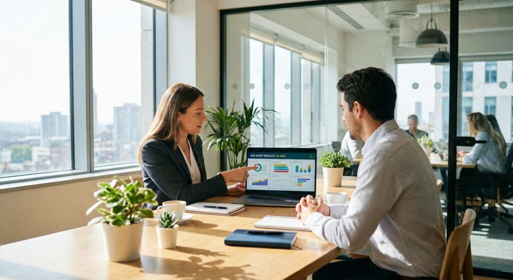 équipe Rankit en réunion à Lyon — consultant seo presentant audit client | stratégie SEO locale sur la Métropole de Lyon