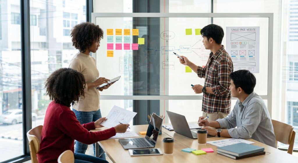 équipe Rankit en réunion à Lyon — site one page equipe ux design wireframe | consultant SEO Rhône sur la Métropole de Lyon