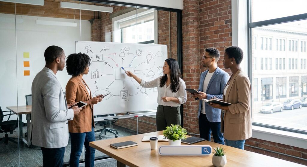 Equipe de referencement a Paris planifiant une strategie SEO