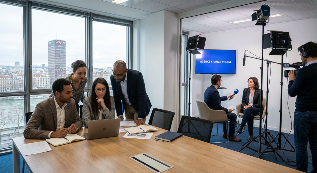 Équipe relations presse préparant un communiqué de presse professionnel à Lyon