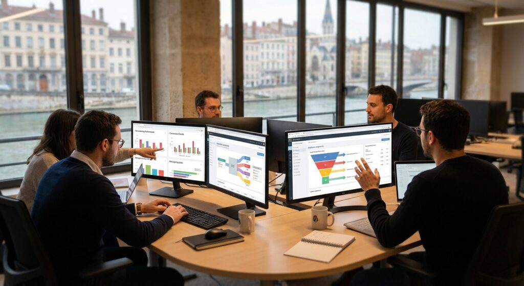 Équipe remarketing Rankit analysant les résultats de campagnes de retargeting à Lyon