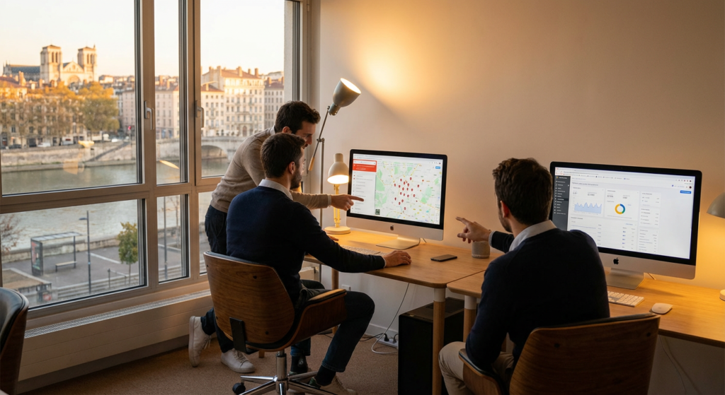 Équipe SEO analysant les performances de référencement local à Lyon