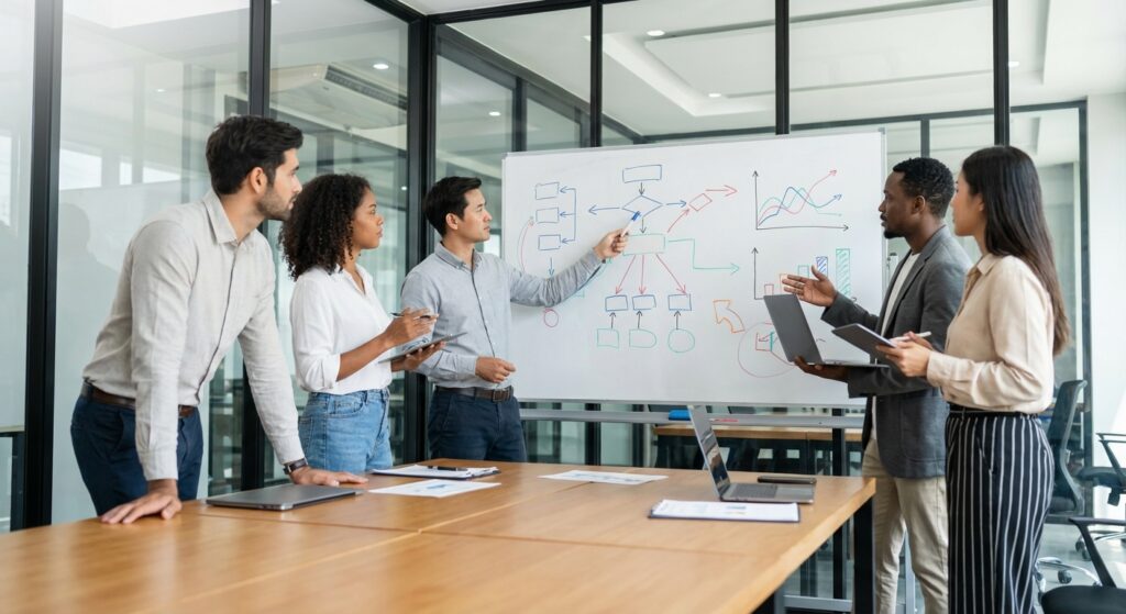 Equipe de consultants SEO collaborant sur une strategie de referencement a Rennes