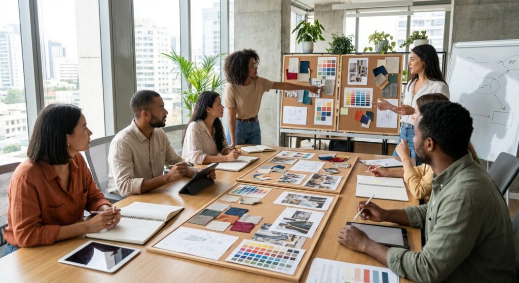 Équipe stratégie éditoriale collaborant sur le storytelling de marque