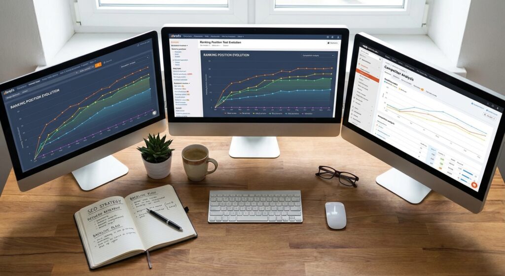Espace de travail SEO avec outils de suivi de positions et analyse concurrentielle