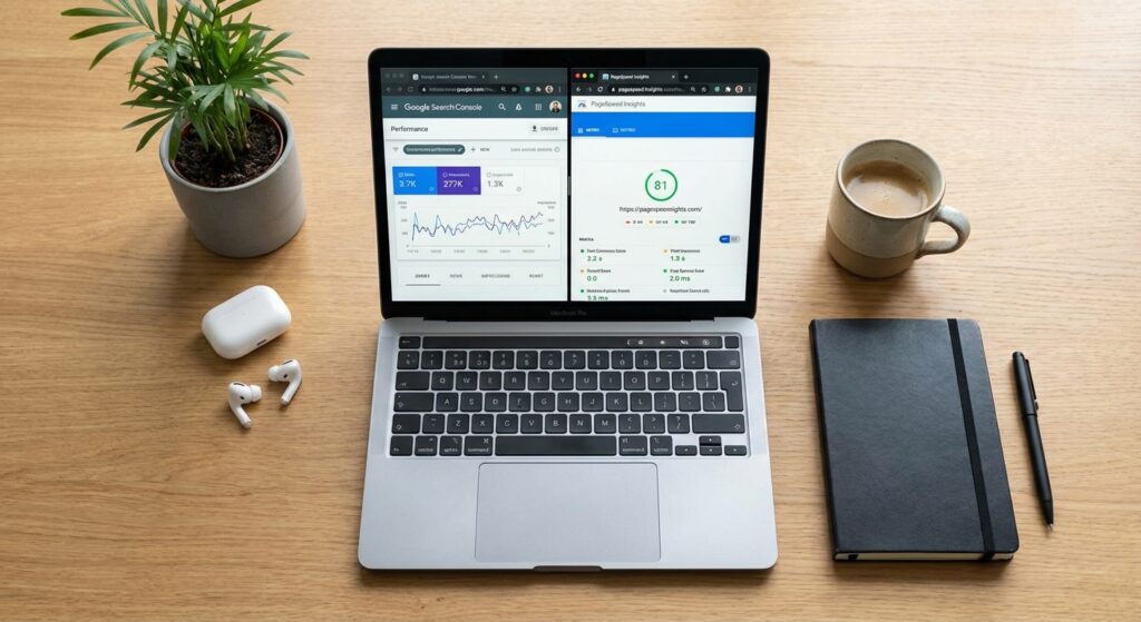 Espace de travail SEO technique avec Search Console et PageSpeed Insights