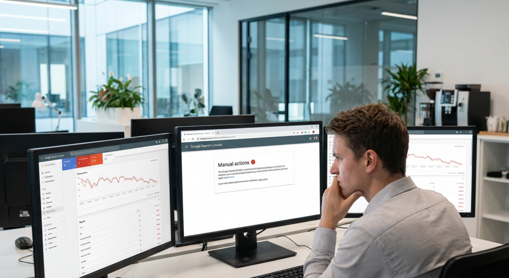 Expert SEO analysant une notification de pénalité Google sur écran
