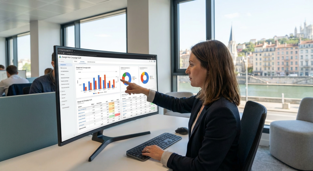 Experte pointe courbe Google Ads sur grand écran, vue Fourvière, audit SEO Rankit en AURA