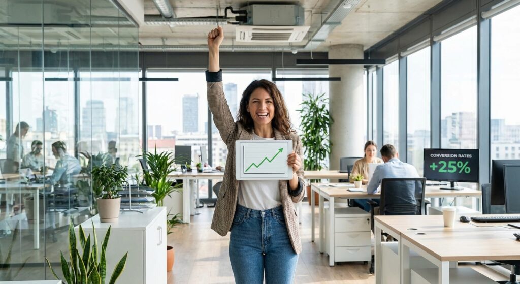 femme tablette courbe ascendante poing leve en open space ecran +25%, gain conversions audit SEO Rhône-Alpes