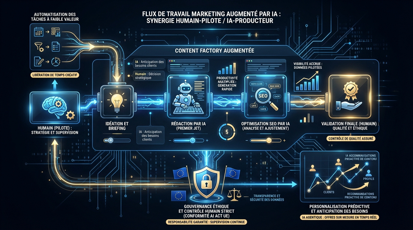 Schéma d'un flux de travail marketing optimisé par les agents IA et l'automatisation