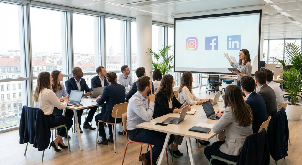 Formation reseaux sociaux en salle a Lyon avec formateur et ecran