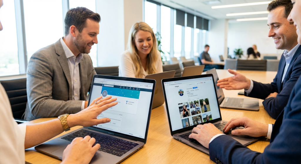 Professionnels pratiquant la gestion des reseaux sociaux sur ordinateurs