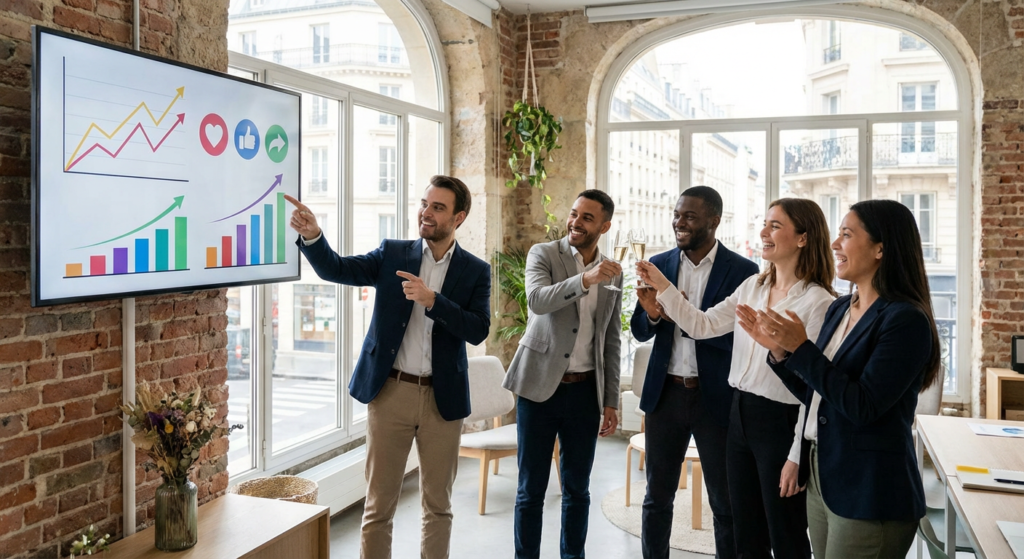 Equipe celebrant les resultats positifs dune campagne social media