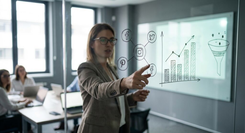 Formatrice expliquant la strategie social media sur tableau blanc