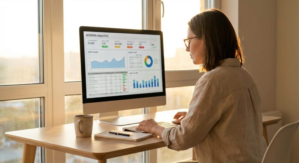 Freelance SEO effectuant une recherche de mots-clés pour un client