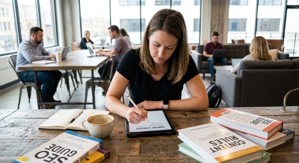 Freelance SEO élaborant une stratégie de contenu pour améliorer le référencement