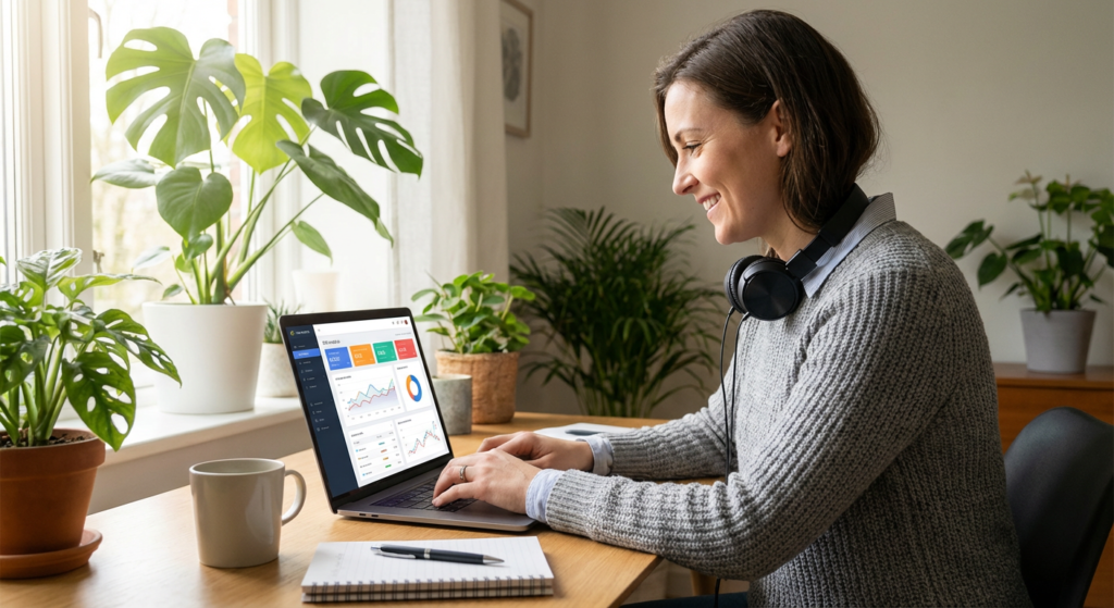 Freelance SEO travaillant depuis son bureau à domicile sur l'optimisation d'un site client