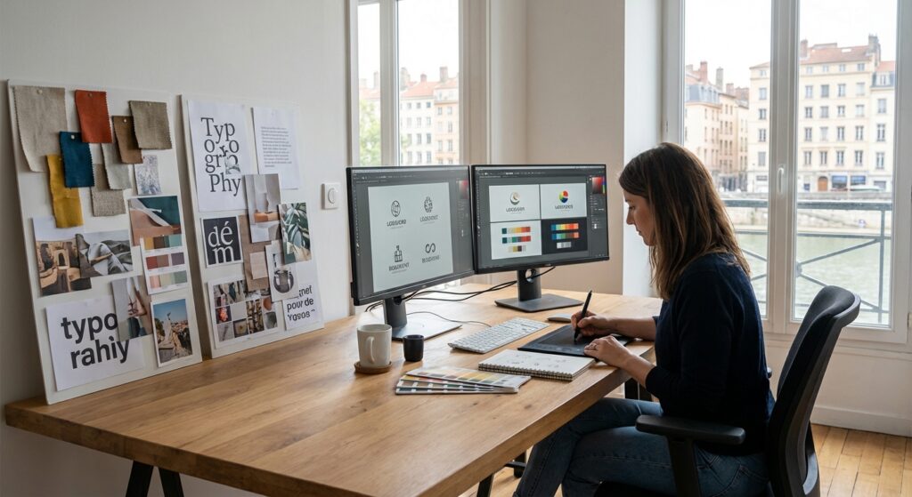 Graphiste freelance travaillant sur une identite visuelle a Lyon