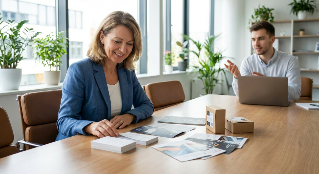 Client satisfait decouvrant ses supports de communication imprimes