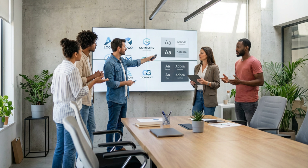 Equipe creative examinant des propositions de design sur grand ecran