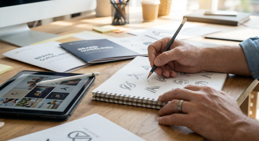 Designer esquissant des concepts de logo sur papier et tablette graphique