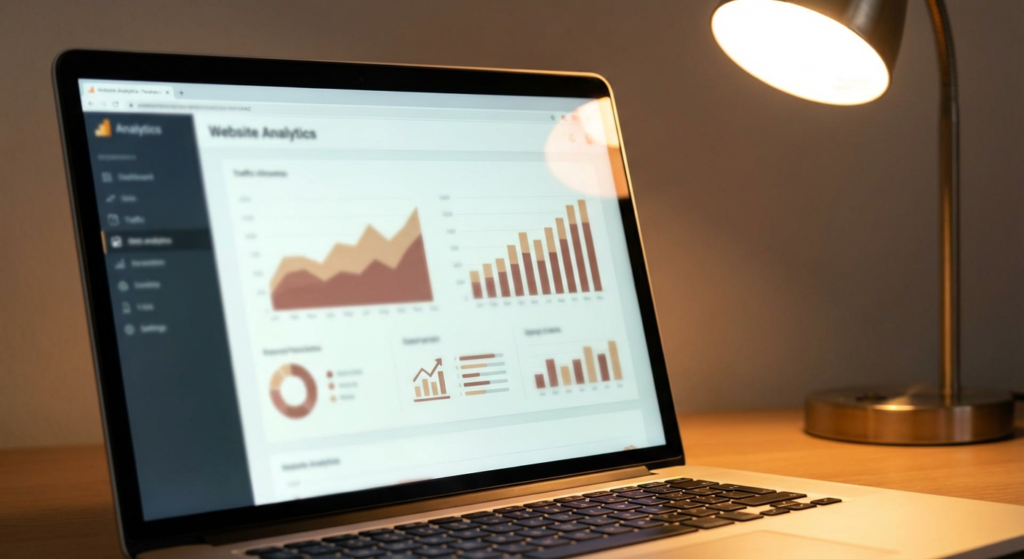 Gros plan sur un écran de laptop affichant des données analytics utilisées par les experts SEO WordPress de Lyon