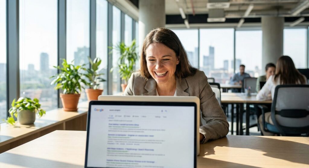 Chef d entreprise satisfait consultant les resultats de premiere page Google