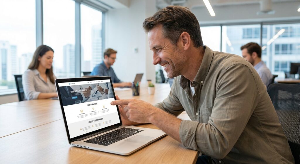 Client satisfait decouvrant son nouveau site internet professionnel